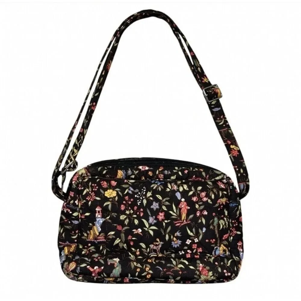 Vera Bradley Shoulder Bag Purse Quilted Black Floral Oriental Scene